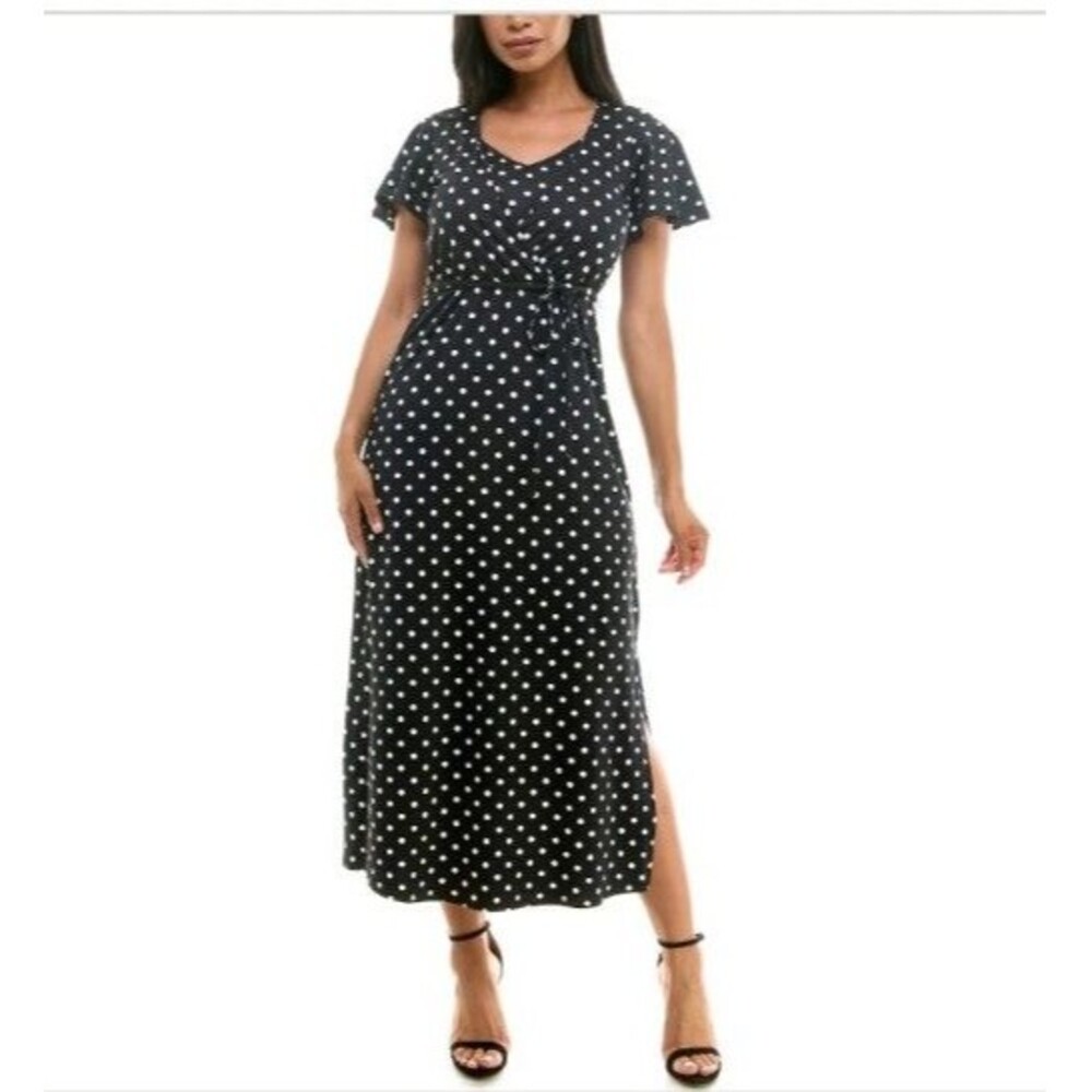 Women's Nina Leonard Flutter Sleeve Faux Undershirt Black & White Maxi Dress, M